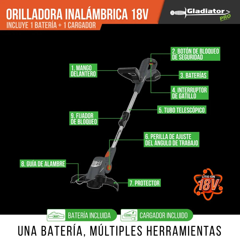 ORILLADORA INALÁMBRICA 18V GLADIATOR BDR812/18 + 1 BAT 2Ah + Cargador