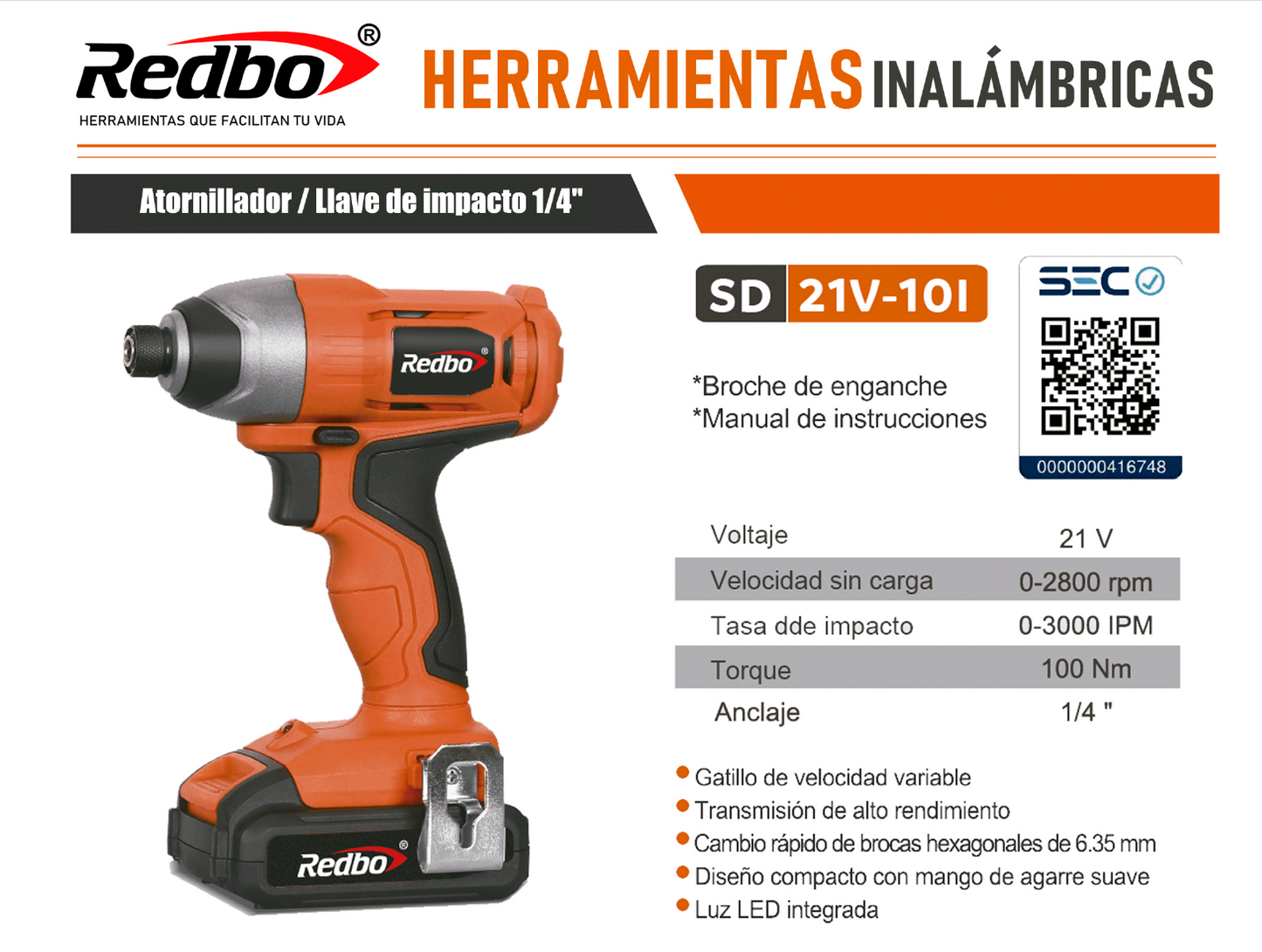 Llave de Impacto inalámbrico 21V Redbo