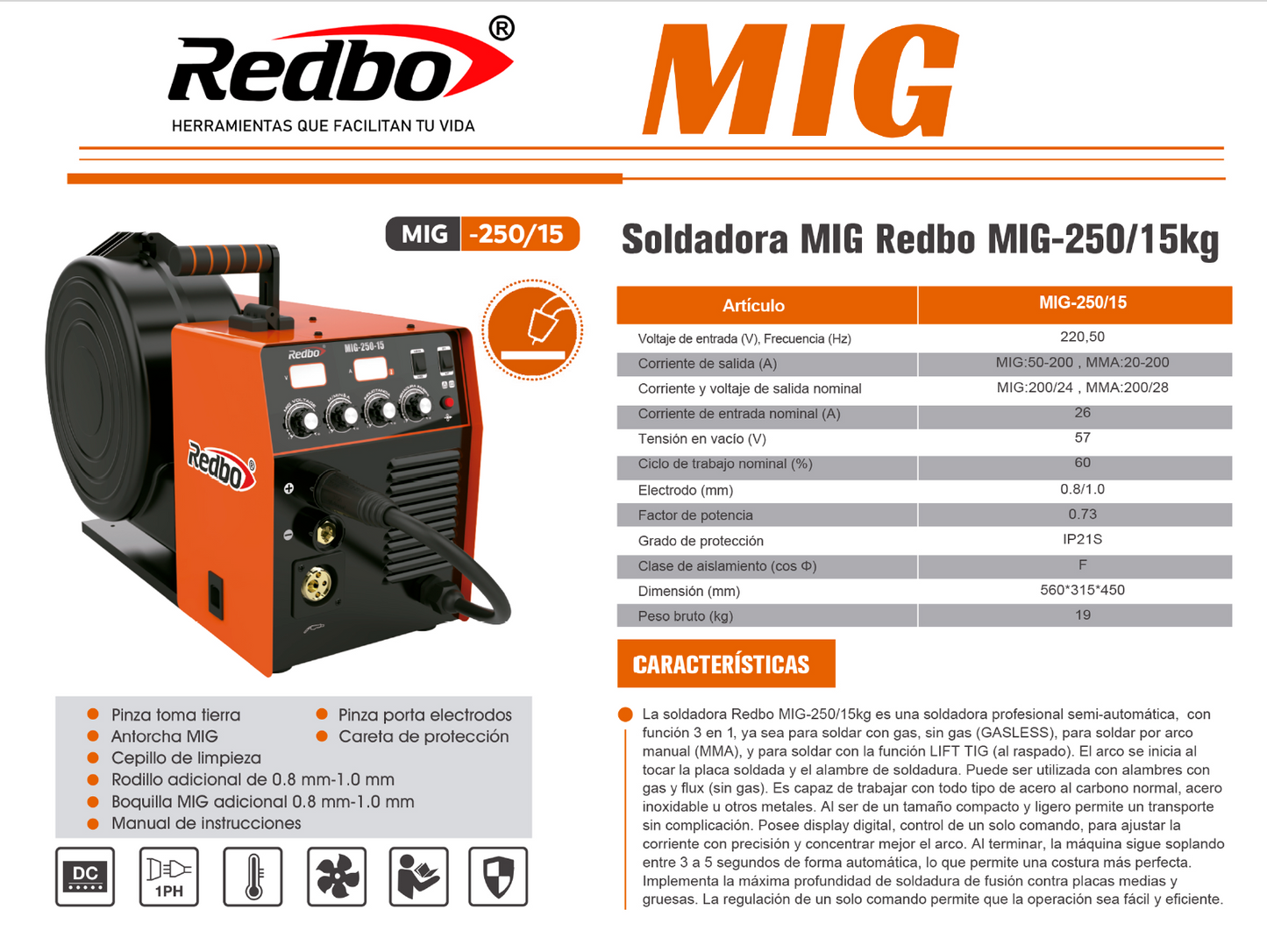 Soldadora REDBO MIG 250/15Kg