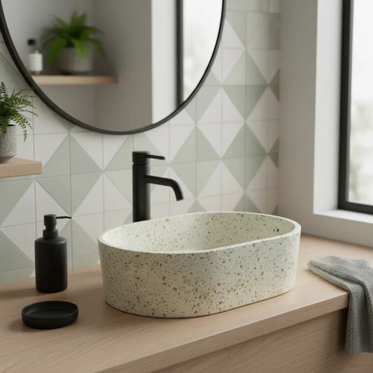 Lavamanos Terrazo White Cementicio 40 × 28 cm – Sobre Cubierta