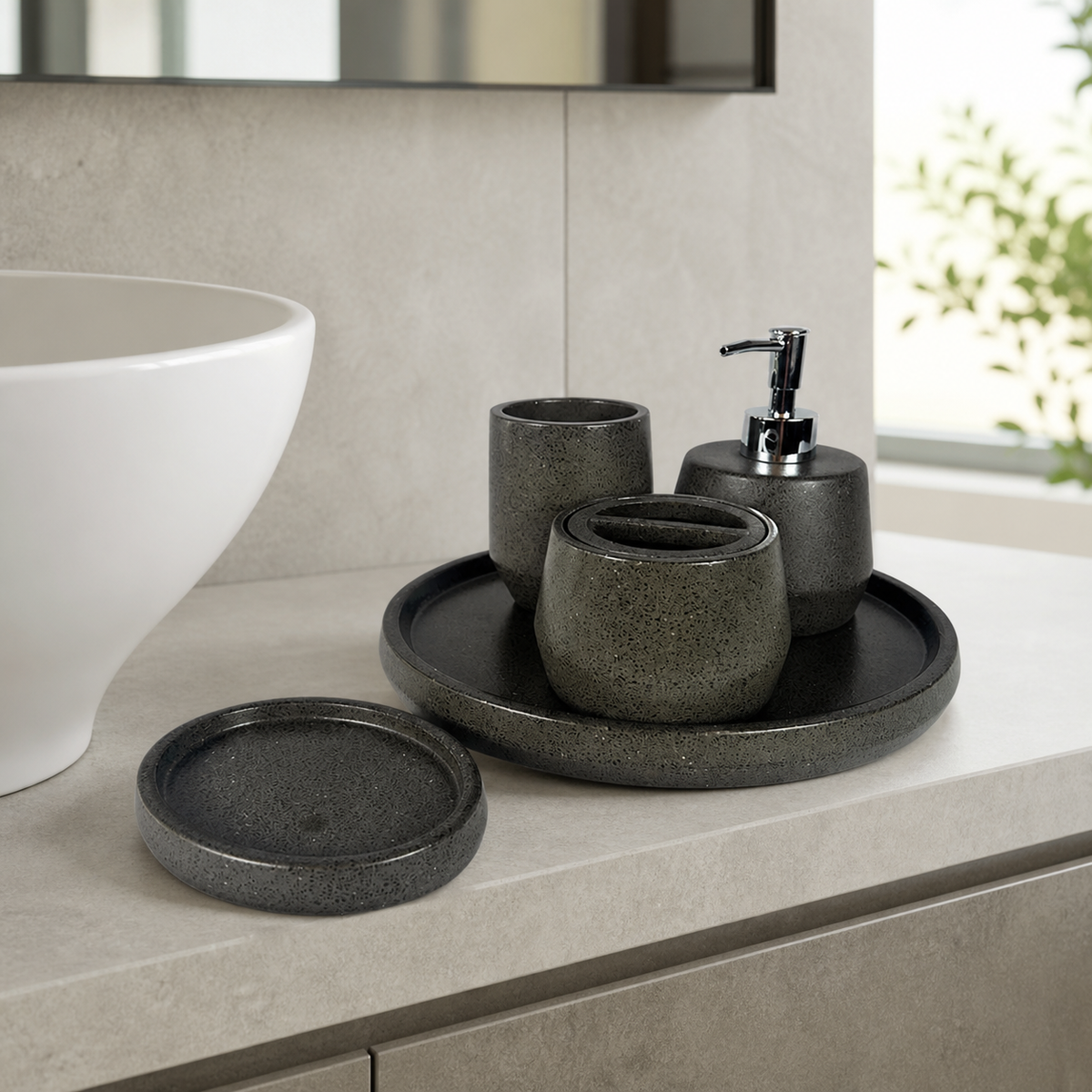 Set de baño Terrazo Black ambientado en baño contemporáneo