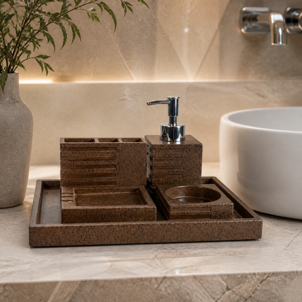 Set de baño Terrazo Brown ambientado en baño contemporáneo
