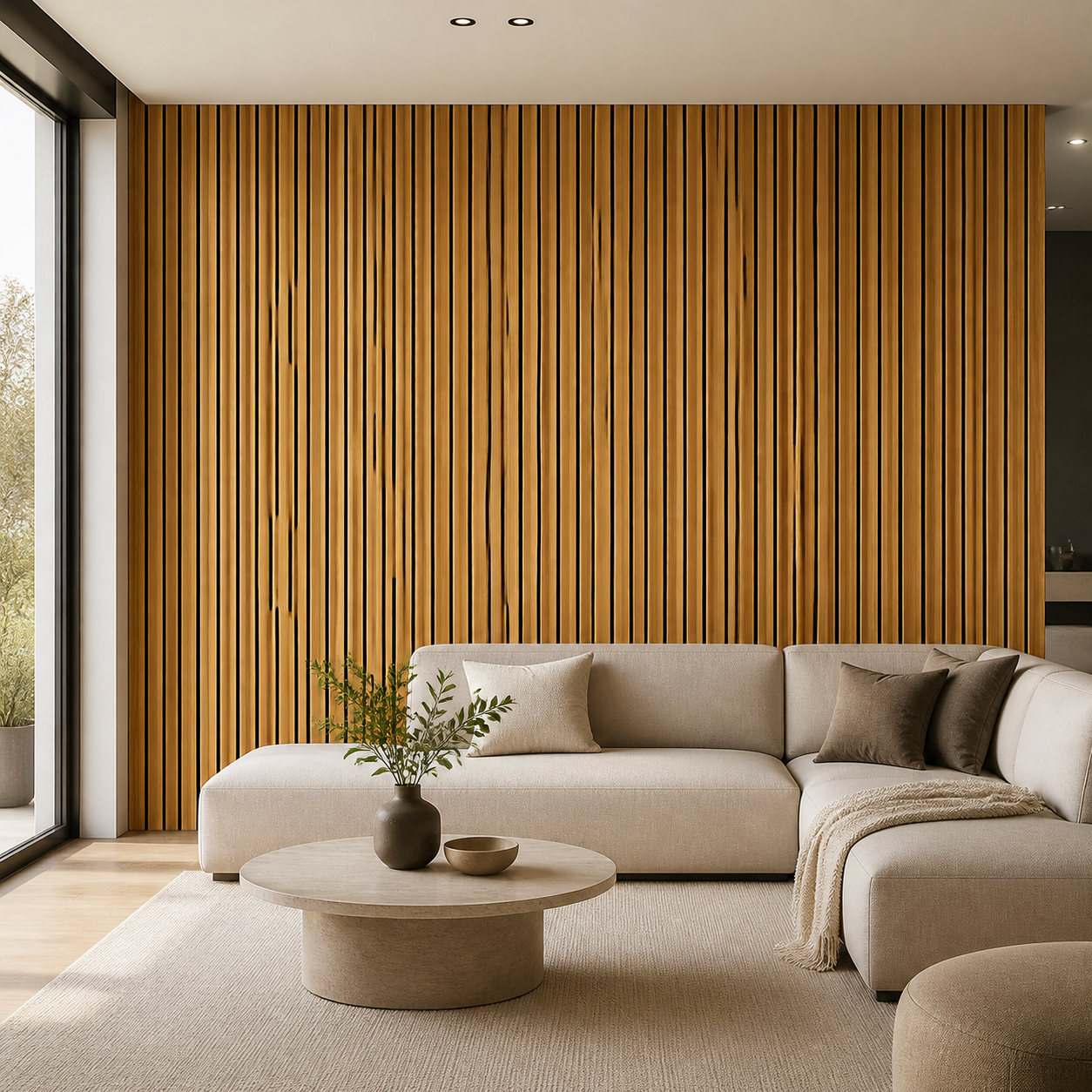 Wood Panel PVC Ranurado Alerce ambientado en living contemporáneo